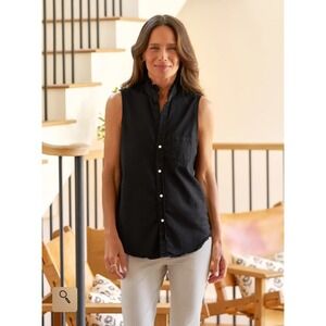 Frank & Eileen Fiona Ruffle Famous Denim Sleeveless Button Up Black Cotton Top